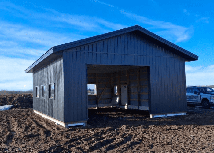 Post-frame shop building for acreage storage and workspace in Alberta